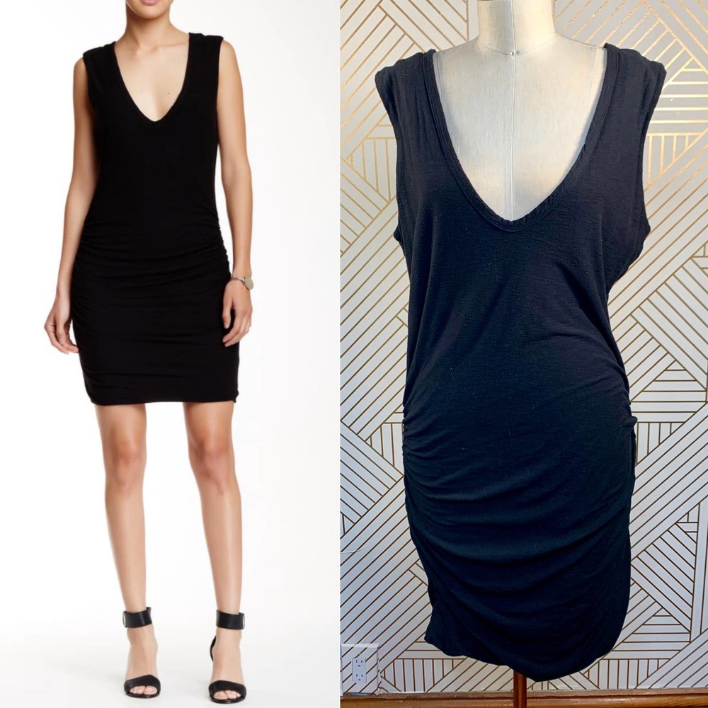 James Perse Cap Sleeve Deep-V Dress in Black